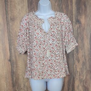 Lucky Brand Floral Blouse with Tassel Tie & Half Sleeve M
